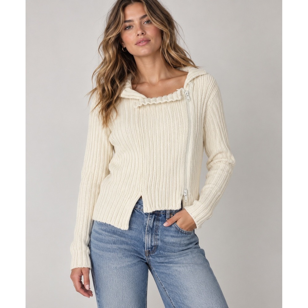 Max & Co. Asymmetric Zip Sweater Women M Cream Ribbed Wool Blend Italy 9e80